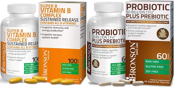 Bronson Probiotic 50 Billion CFU + Prebiotic with Apple Polyphenols & Pineapple Fruit Extract + Vitamin B Complex Sustained Release