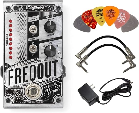 Digitech FREQOUT Natural Feedback Creator Pedal Bundle with 9V Power Supply, 2 Patch Cables and 6 Assorted Dunlop Picks