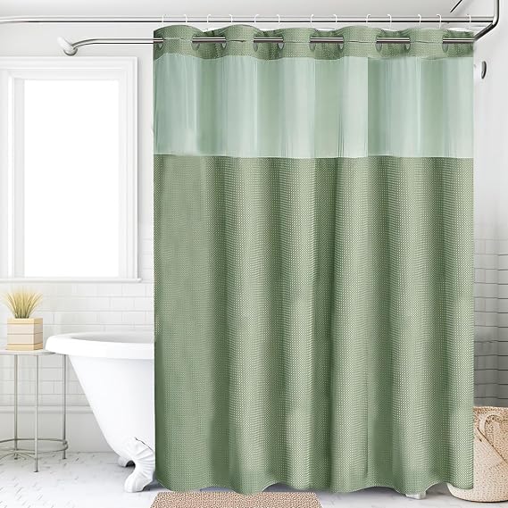 Hookless Shower Curtain, Bath Curtain Waterproof, Waffle Fabric Curtain for Bathroom Hotel (Green)