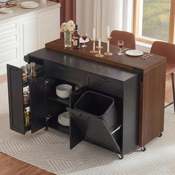 VilroCaz Wood Kitchen Island with Extendable Dining Table, Kitchen Rolling Island Cart with Trash Storage Cabinet, Pull-Out Spice Rack, Mobile Island Table on Wheels for Dining Room (Black-Island)