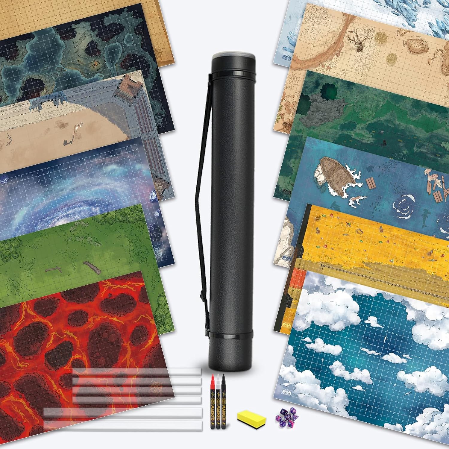 DND Map 12 Terrain 24 x 36.1 Inch Grid Dry Erase Battle Mat Flat Easy Clip Placement Double Sided for Dungeons & Dragons Role Playing Desktop Games, Pack of 6