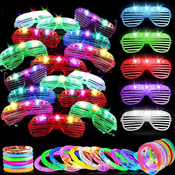 Defresit 24 Pcs Neon glasses , 24PCS Glow Bracelets, Shutter Unisex 6 Colors Party Flashing Props, 3 Modes light up glasses, Led neon accessories, for Christmas Wild Clubbing Birthday Party