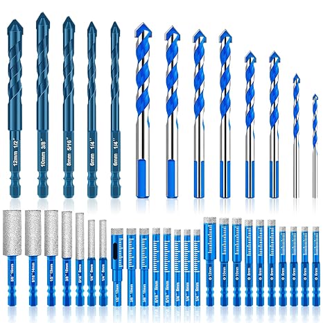 38 Pcs Diamond Drill Bits Set, Professional Concrete Drill Bit Set, Multiple Sizes Masonry Drill Bit Set, Industrial Strength Carbide Drill Bits Tip for Ceramic Glass Porcelain Tile Metal Plastic Wood