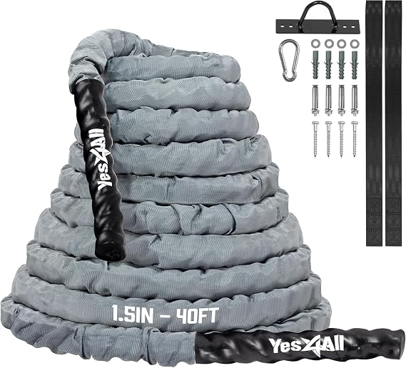 Yes4All Battle Ropes, Workout Rope with Cover, Steel Anchor & Strap Included, Heavy Ropes for Exercise Training - 1.5/2 Inch Diameter, 30, 40, 50 Ft Length