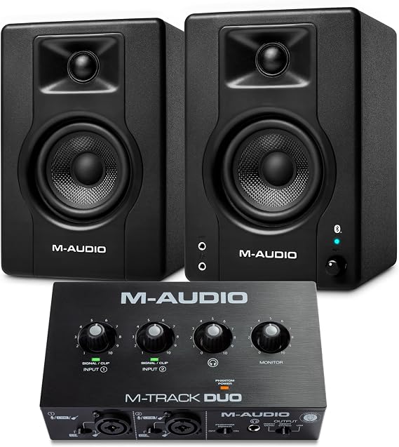 M-AUDIO BX4 Pair Bluetooth Studio Monitors Bundle with Dual XLR Audio Interface for Studio Recording, Music Production, Podcasting, Streaming