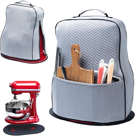 BAGSPRITE Stretchy Stand Mixer Cover with Appliance Slider– Washable Applicance Cover Compatible with KitchenAid Mixer 6/7/8 Quart – Dust Cover with Pockets for KitchenAid Accessories and Attachments