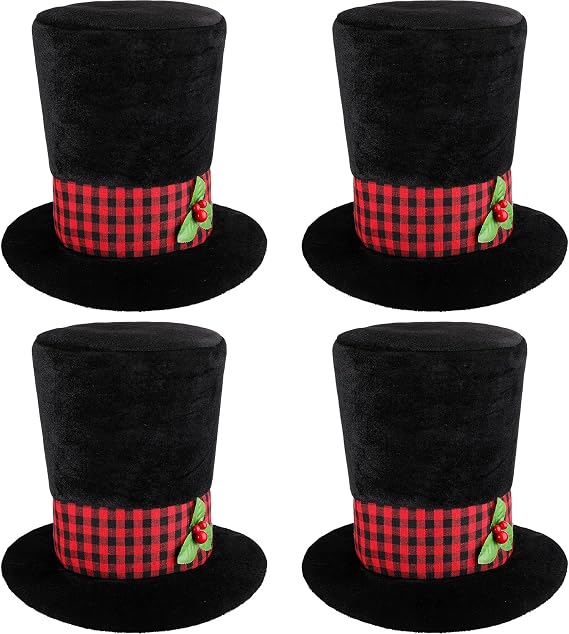 Handepo 4 Pcs Christmas Top Hat with Plaid Band Holly Berries Black Top Hat Vintage Look Snowflake Caroler Costume