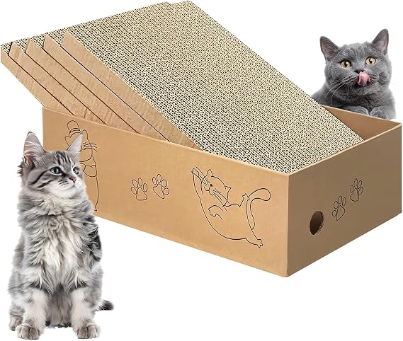 Cat Scratching Board with Box, 5 Layers Design Cat Scratching Pad, Corrugated Scratch Bed for Indoor Kitty, 5 in 1 Replacement Cardboard Refill Pad