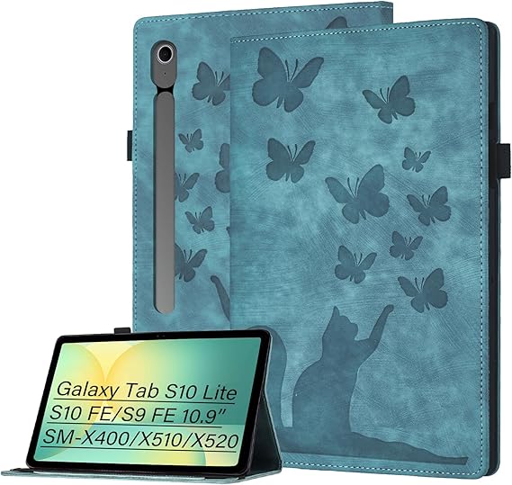 PU Tablet Case for Samsung Galaxy Tab S10 Lite/S10 FE/S9 FE 10.9" SM-X510/X520 Cat&Butterfly Flip Tab Cover, Stand, Scratch-Resistant, Card Slot, Pen Holder, Green
