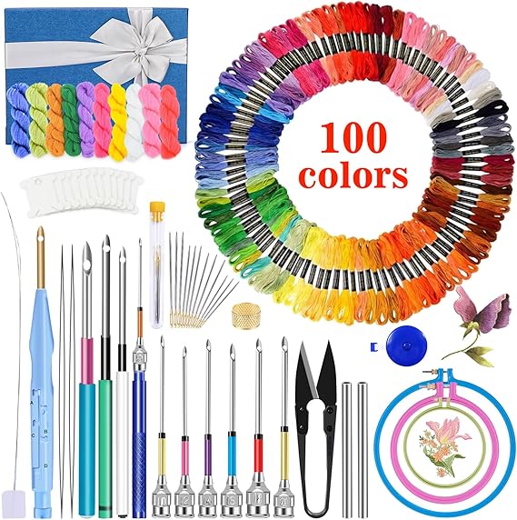 JUPEAN 156 PCS Punch Needle Kit Punch Needle Embroidery Kit Needle Punch | Punch Needle Kits Adults Beginner Needle Punch Kits for Adults 110 PCS Embroidery Floss, Punch Needles Kit for Beginners