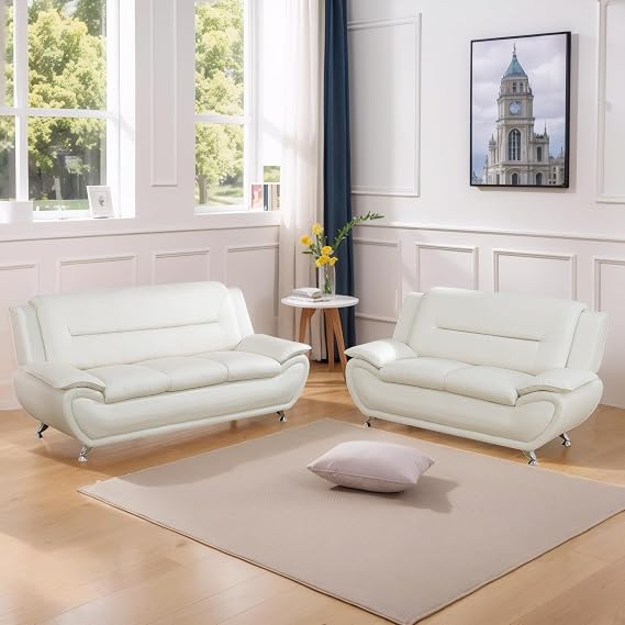Sofa Set for Living Room Furniture, Faux Leather Couch Set 3 Piece Set, Cream Couch for Apartment, Office (Sofa and Loveseat)