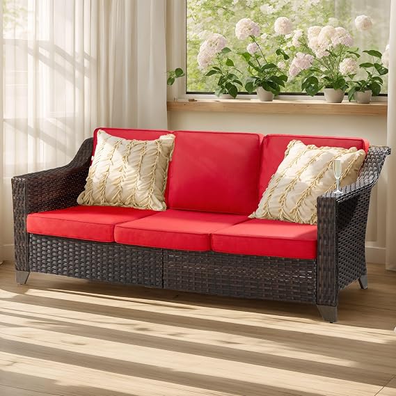 Patio Couch, All Weather Outdoor Couch 3-Seat Sofa with High Back and Premium Cushions for Garden Backyard Porch(Brown/Red)
