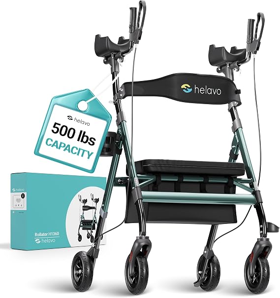 Helavo Extra Wide 28.3" Bariatric Upright Walker for Seniors, 500 lbs Capacity with 8 Flat-Free Solid Rubber Tires, Height Adjustable Stand Up Walker with Seat, All Terrain Heavy Duty Rollator
