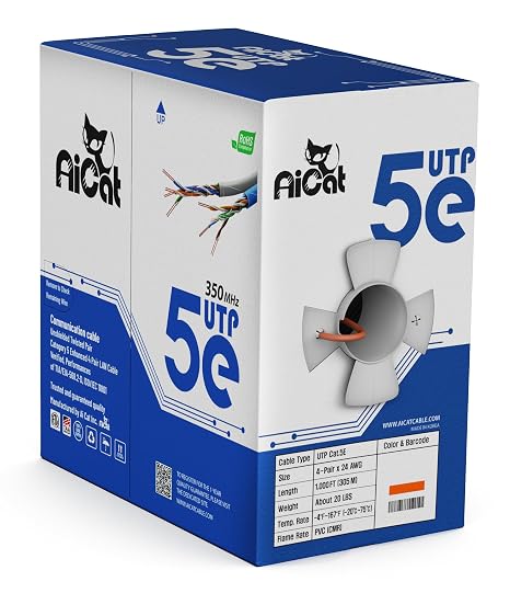 AiCat Cat 5e Ethernet Cable 1000ft Riser CMR - Insulated Solid Bare Copper Wire PoE++(4PPoE) Cat5e Cable FastReel, 24 AWG, ETL & UL Listed - 350MHZ/Gigabit Speed, Unshielded UTP Network Cable (Orange)
