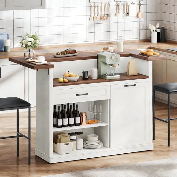 Bar Cabinet, 55 Kitchen Island with Storage, Breakfast Bar Table with Drop Leaf, Bar Height Table with Power Outlet and Trash Can Cabinet, Mobile Island Table for Kitchen, Home, Rustic White