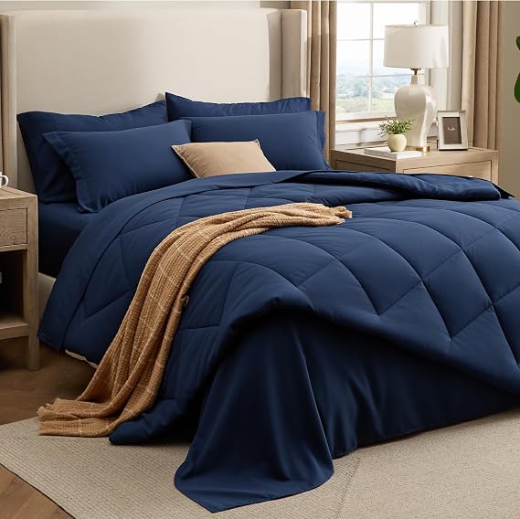 Bedsure 7 Pieces Full Comforter Set Premium Series, Hotel Luxury Soft Bed in a Bag, Goose Down Alternative, Safe for Sensitive Skin Bedding Comforter All Season Medium Warmth, Navy Blue Full Size