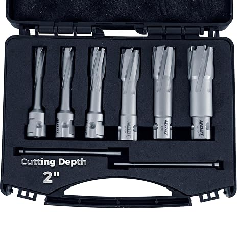 TCT Annular Cutter,8 PCS Carbide Tips Mag Drill Bits Kit, 2 Cutting Depth for Drill Press with 2 Pilot Pin