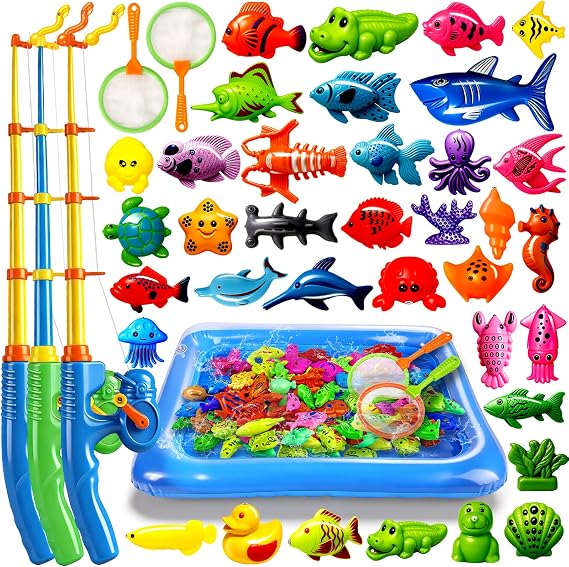 CozyBomBTM Magnetic Fishing Toys Game Set for Kids | Water Table Bathtub Kiddie Pool Party Pole Rod Net, Outdoor Plastic Floating Fish, Toddler Bath Color Ocean Sea Animals Birthday Gift Age 3-5 6 4-8