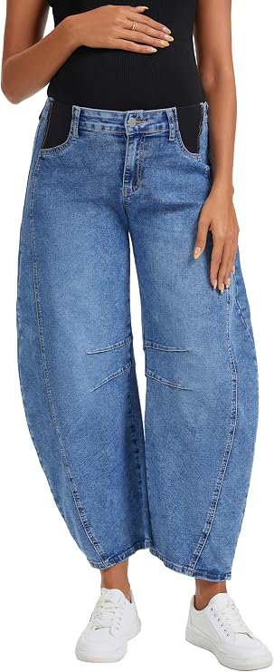 OVRUNS Women's Maternity Baggy Jeans Stretch Barrel Jeans Side Panel Loose Pregnancy Denim Pants with Pockets