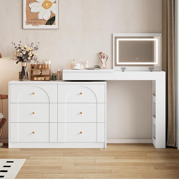 Rotating Dressing Table with LED Lighting, Dressing Table, Office Table, White, 105 x 40 x 80 cm