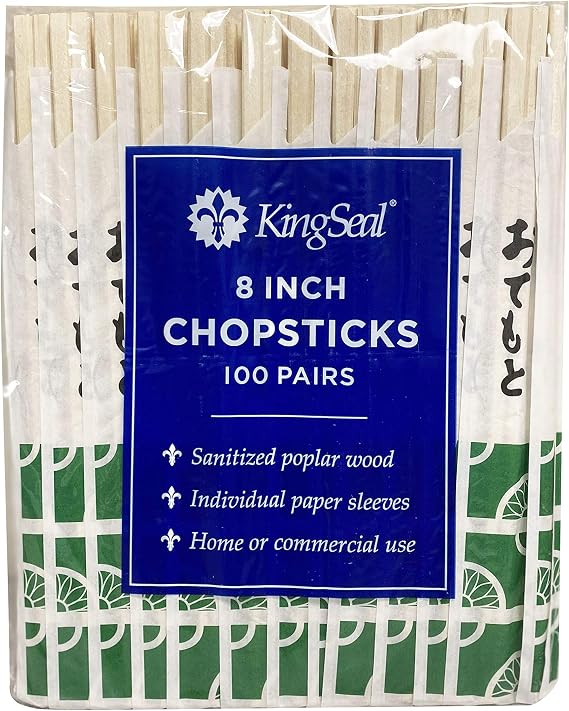 200 Count | KingSeal 8 Inch Natural Poplar Disposable Wood Chopsticks, Paper Sleeve, Waribashi, Bulk Pack - 2 Packs x 100 Pairs