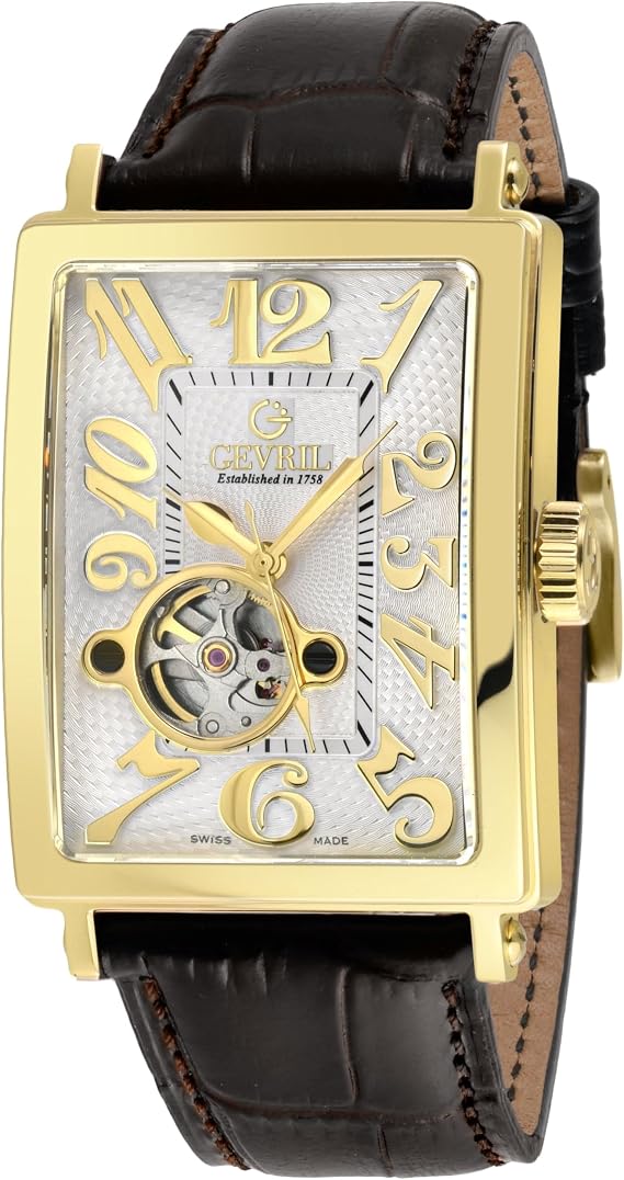 Gevril Men's Avenue of America Intravedere Swiss Automatic Watch, Genuine Handmade Leather Strap, Gold, Automatic Watch