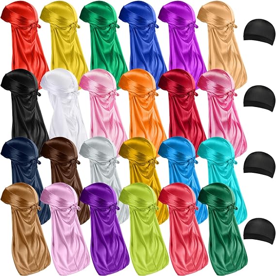 Boyiee 28 Pcs Silky Durags Set Includes 24 Satin Durag for Men Women Long Tail Headwraps with 4 Elastic Wave Cap