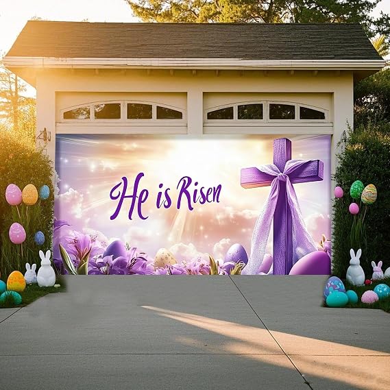 Easter Garage Door Cover, He Is Risen Easter Spring Garage Door Decoration, Easter Garage Door Banner Backdrop for Wall Door Decoration