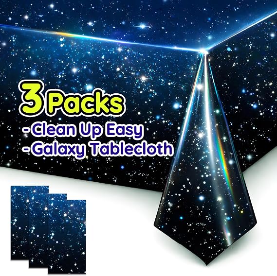 Iridescent Space Tablecloth, 3 Pack, Galaxy Plastic Covers, 52 x 108 in