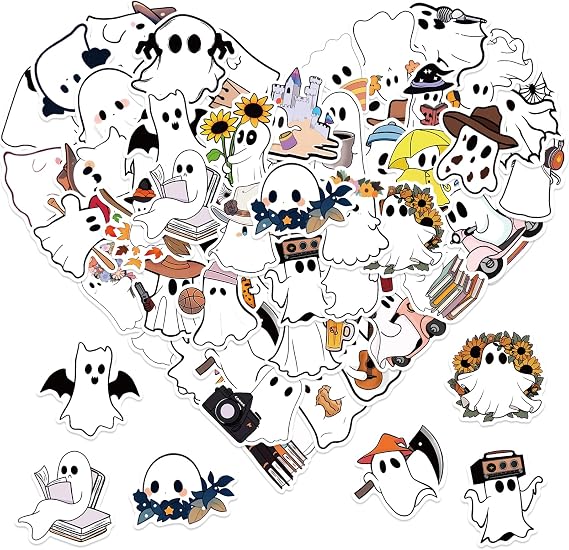 50Pcs Halloween Ghost Theme Stickers, Cute Ghost Decorative Stickers for Parties, Suitable for Children, Teens, and Adults, Ideal for Water Bottles, Laptops, and Cups