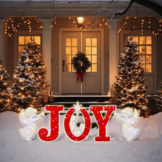 Christmas Joy Nativity Scene Yard Sign with LED String Light Decorations Large Xmas Nativity Lawn Religious Scenes Yard Signs with Stakes for Christmas Eve Night Holiday Xmas Home Outdoor Garden Decor