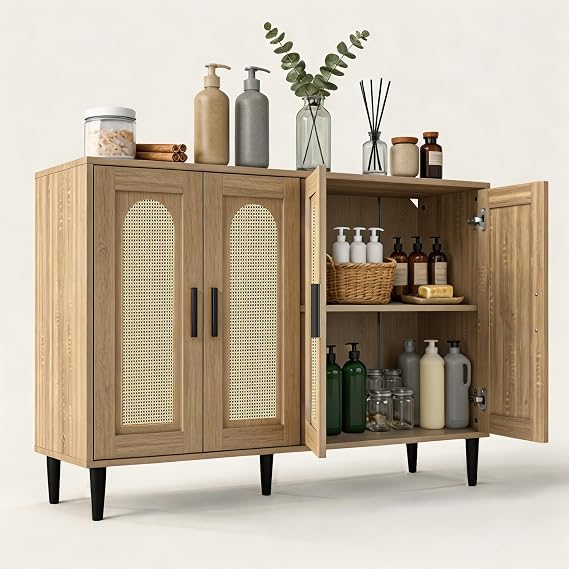 Sideboard Buffet Cabinet - Rattan Kitchen Storage with 4 Doors and Adjustable Shelves - Accent Buffet Cabinet with Storage, Console Table for Dining Room Hallway, Living Room, Natural
