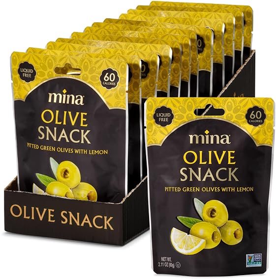 Mina Olive Snack Packs, Pitted Green Olives with Lemon, 2.11oz (Pack of 12) Healthy Snack Olives, Green Olives Pitted, Keto Snacks, Vegan, Gluten Free Travel Snacks, All Natural, 60 Calories per Pack