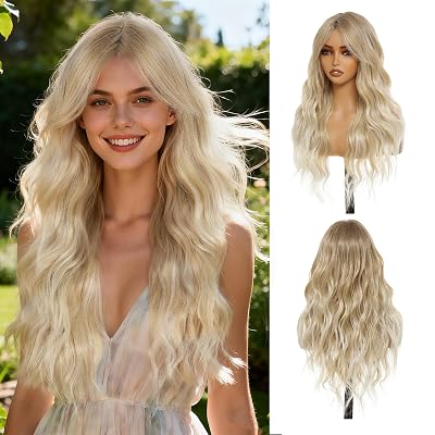 Long Ombre Ash Blonde Wavy Wig with Curtain Bangs for Women 26 Inch Heat Resistant Synthetic Wig Natural Looking Ombre Blonde Wavy Hair for Daily Wear, Party, Cosplay, Halloween