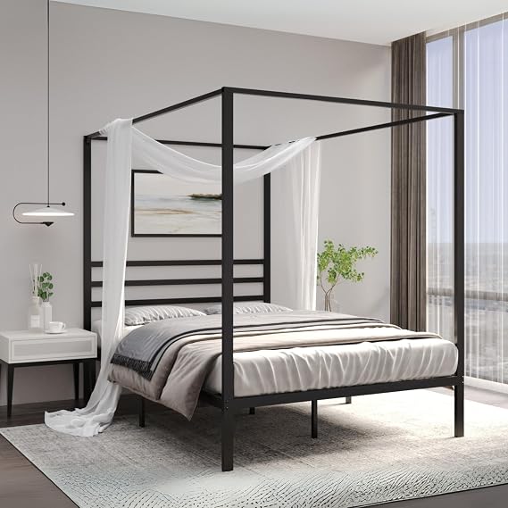 AMBEE21 Golden Gate Beds Canopy Metal Bed Frame with Headboard Wrought Iron Platform Design, Sturdy Slatted Base, No Box Spring Needed, Underbed Storage Space Full, Black