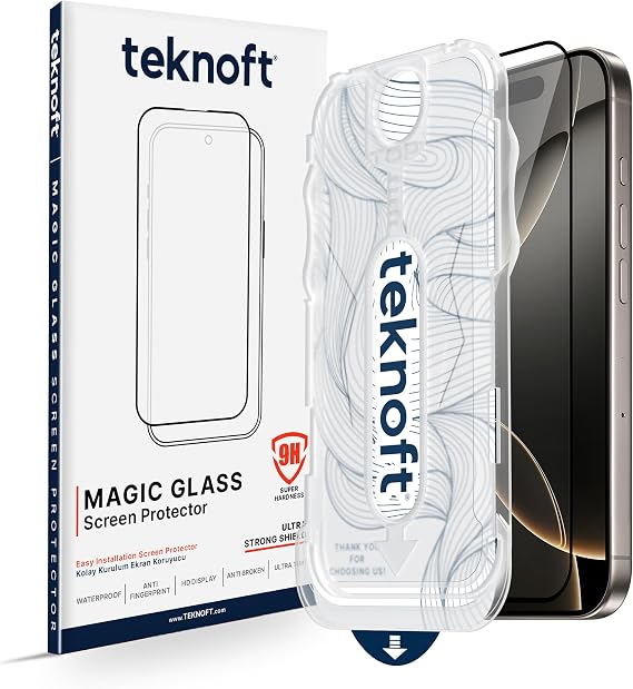 Easy Installation Kit for Teknoft iPhone 16 Pro Smooth Laser Cut Premium Screen Protector Unbreakable Glass That Provides Extra Reinforced Full Protection That Never Leaves Dust Under the Glass When Installing