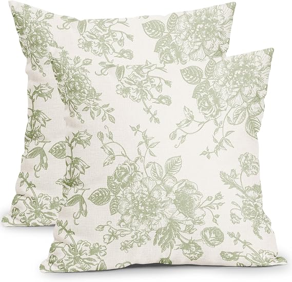 Vintage Floral Pillow Covers 16x16 Inch Set of 2 Sage Green and Cream Floral Throw Pillow Covers Chinoiserie Flower Pillowcases Rustic Farmhouse Cotton Linen Cushion Covers for Couch Bed Sofa Decor