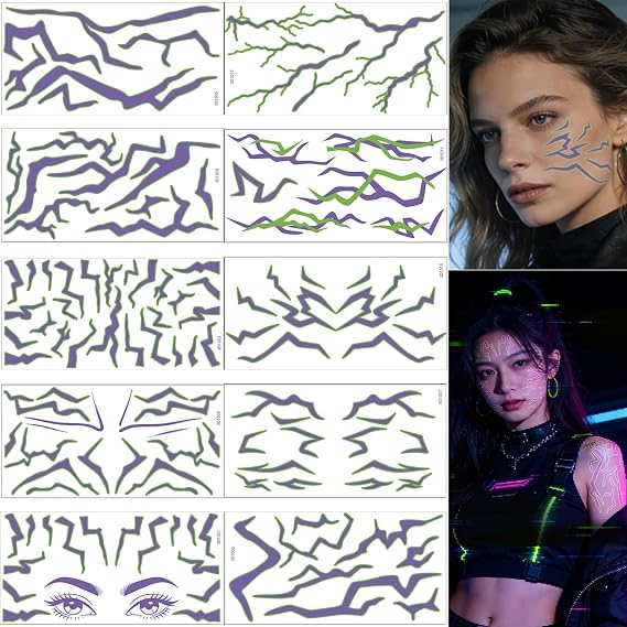 Kpop Temporary Tattoos Stickers, 10 Fun Sheets Purple Glowing Hunters Stickers, Fake tattoos for Girls Women Kids Demon Cosplay Face Arm Hand Kpop Gifts | Purple K-Pop Fake Tattoos, Face Shoulder Halloween Costume Accessories
