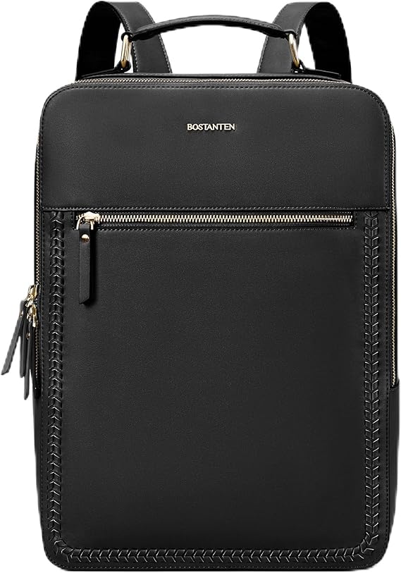 BOSTANTEN Leather Backpack 15.6 inch Laptop Bag Travel Casual Computer Backpack College Business Work Shoulder Bags with Trolley Sleeve for Women Men Black
