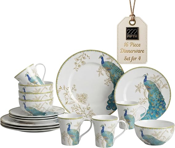222 Fifth 16-Piece Porcelain Dinnerware Set for 4, Elegant Plates and Bowls Sets-White, Teal, Gold Ceramic Dishes, Chip Proof Kitchen and Dining Dish Set, Microwave & Dishwasher Safe, Peacock Garden