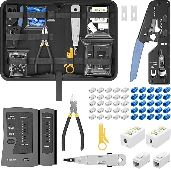 iwillink RJ45 Ethernet Crimp Tool Kit, Compatible with Cat6 Cat5e CAT5 | RJ45 Crimping Tool Kit, 25x RJ45 Pass Through Connector and Boot, 2X Cat6 Junction Box, 2X Cat6A Coupler,1x Rj45 Crimper