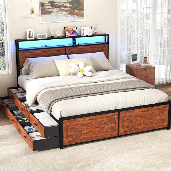 Kiivakii King Size Bed Frame with 12 Storage Drawers, LED Headboard with Charging Station, Metal Bed Frames, No Box Spring Needed, Noise Free, Stable and Solid, Red Brown