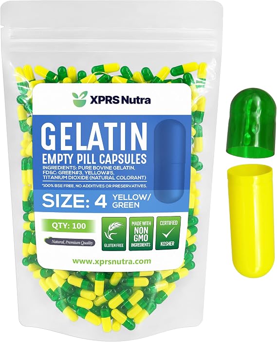 XPRS Nutra Size 4 Empty Capsules - 100 Count Small Empty Gelatin Capsules - Pill Caps - DIY Capsule Filling - Bovine Pill Gel Caps (Green/Yellow)