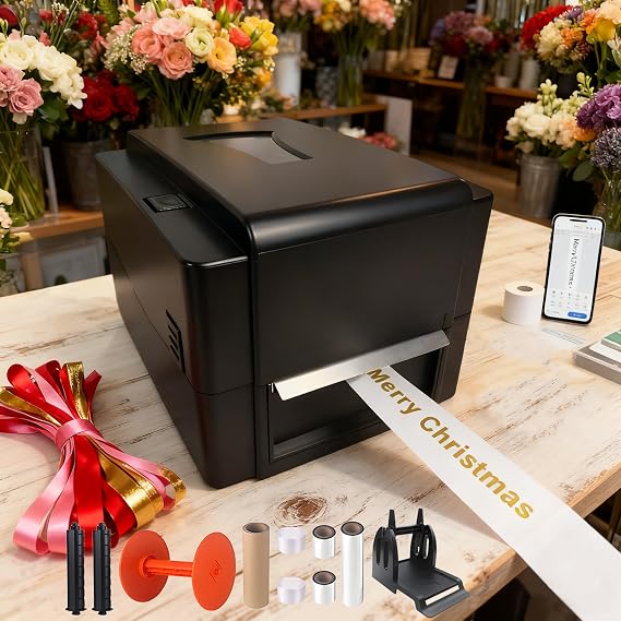 Satin Ribbon Printing Machine with Holder+USB &APP+Bluetooth,Upgrade 300 Dpi Digital Ribbon Printer Thermal Label Printer Foil Stamping Printing Machine, Support Multiple Languages
