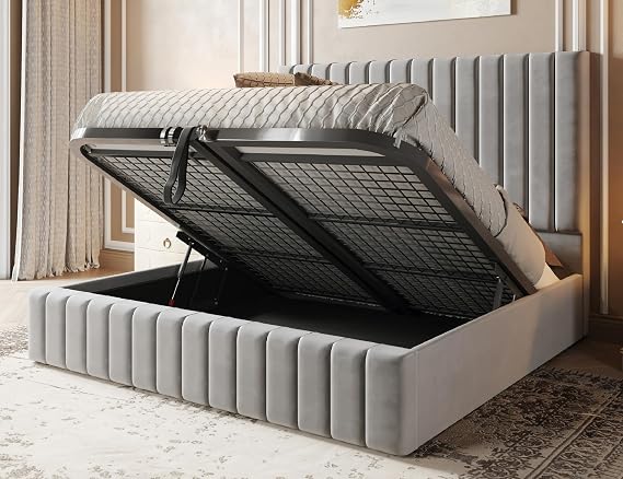 Ottoman Bed - Silver Velvet Double Bed with Storage - Panel 4ft6 Bed - Mattress Not Included & 48inch High Headboard