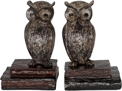 Bellaa 21725 Decorative Owl Bookends - Rustic Farmhouse Book Ends for Shelves, Non-Skid Wide Eyed Bird Design, Vintage Boho Home Office Library Decor