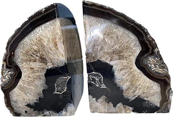 JIC Gem Black Agate Geode Bookends Decorative Stone Book Holder Heavy Duty