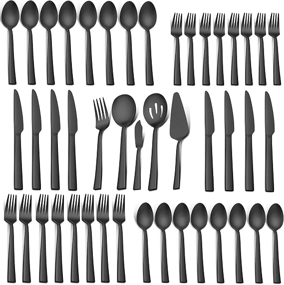 LIANYU 45-Piece Matte Black Silverware Set with Serving Utensils, Stainless Steel Flatware Cutlery Set for 8, Square Tableware Eating Utensils for Wedding Home, Satin Finish, Dishwasher Safe