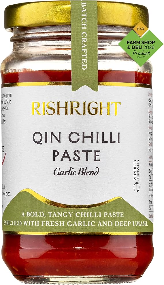 RishRight Garlic Blend Chilli Oil, 71% Qin Chili Garlic Paste Single Origin, Natural Chilli Oil, Gold Award Winner Chili Sauce, Fat-Free, Medium Spicy, 180g