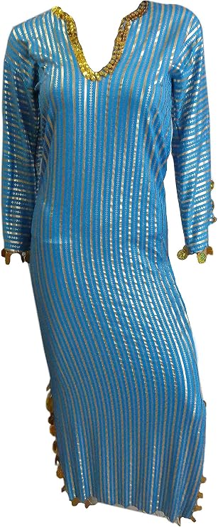 Belly Dance (Light Blue x Gold Nancy Stretchy Dress Galabeya Costume Baladi Saidi